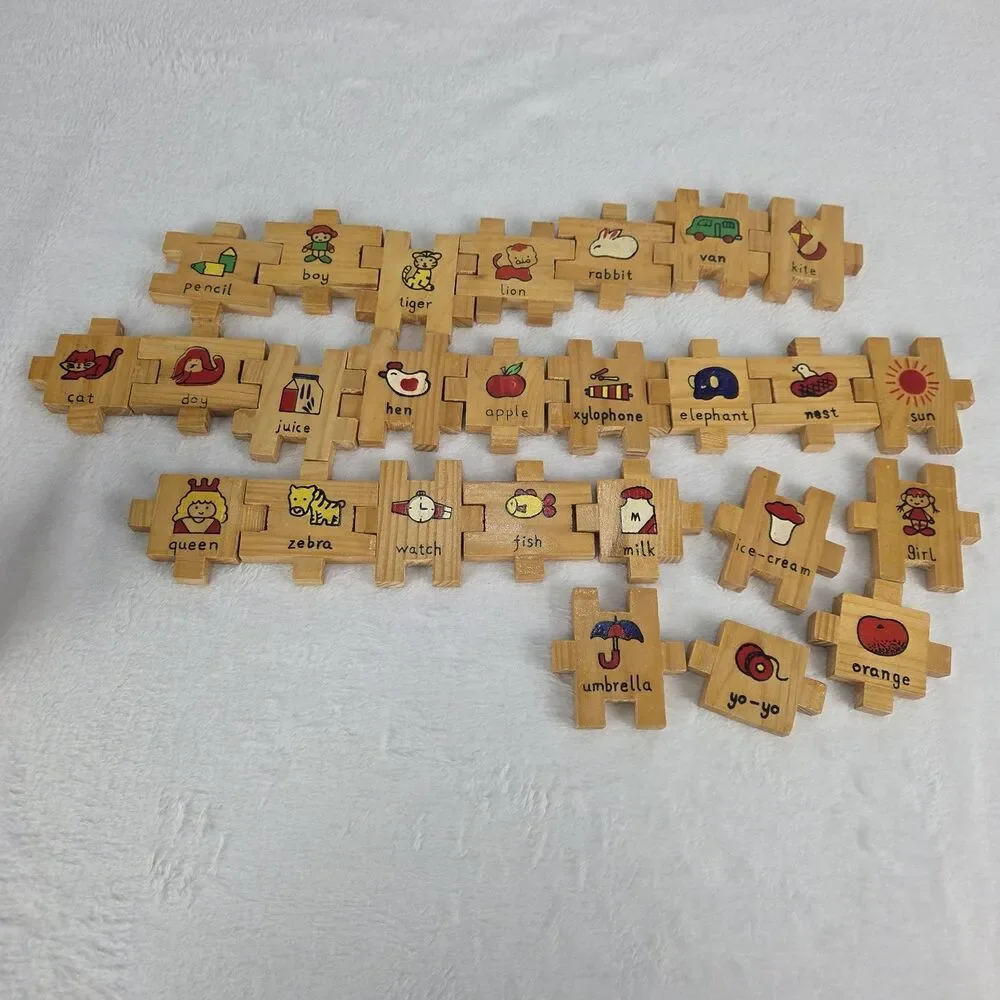 Vintage Wooden Interlocking Alphabet & Number Blocks Set of 36 Educational Toys
